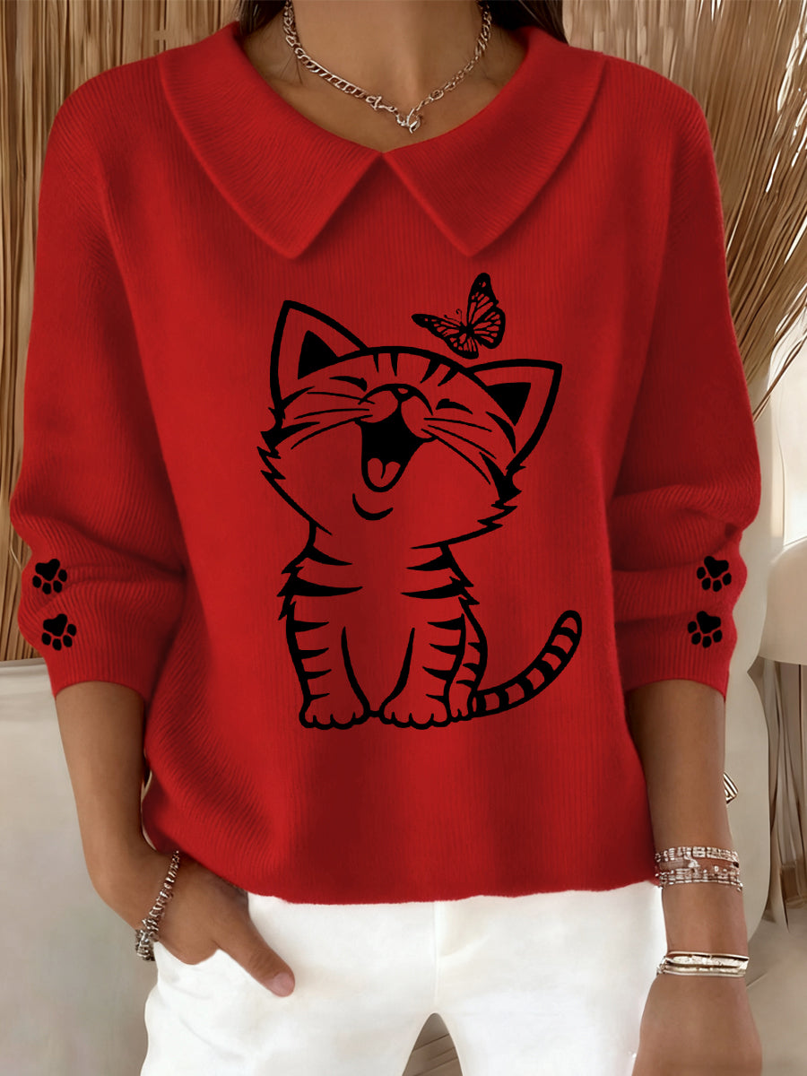 Women's Cute Cat Print Cat Lovers Cat Mom Gift Casual Baby Doll Collar Top