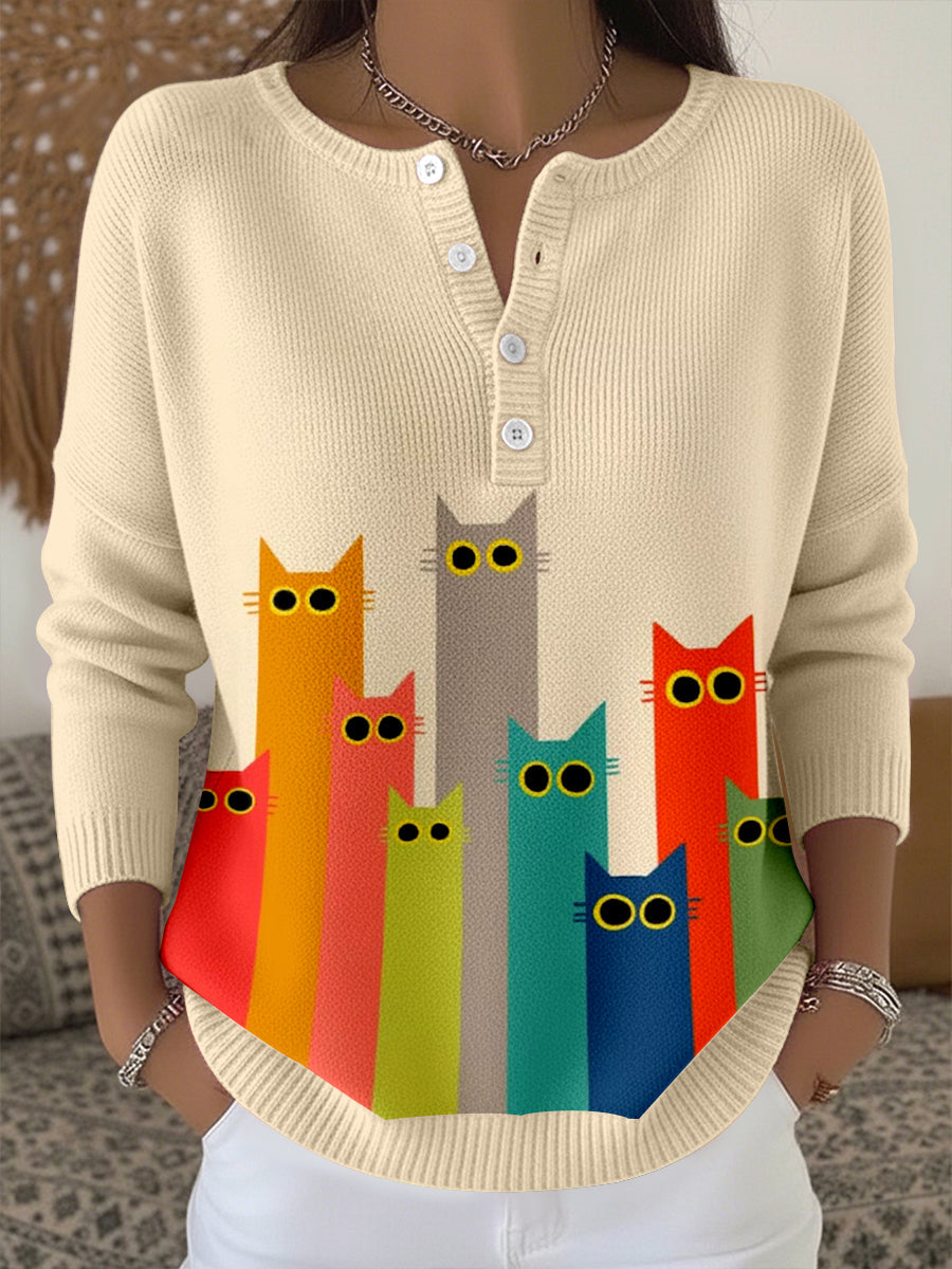 Women’s Cute Cat Pattern Cozy Knit Top As picture / S