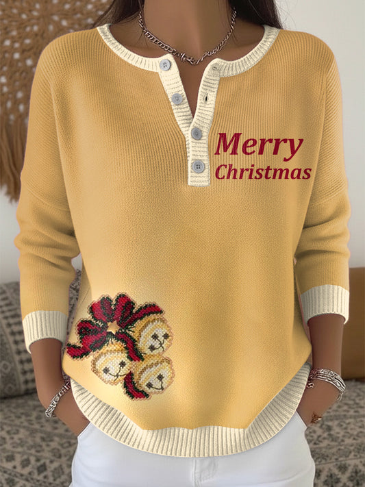 Women's Earth-Tone Christmas Embroidery Henley neck sweater
