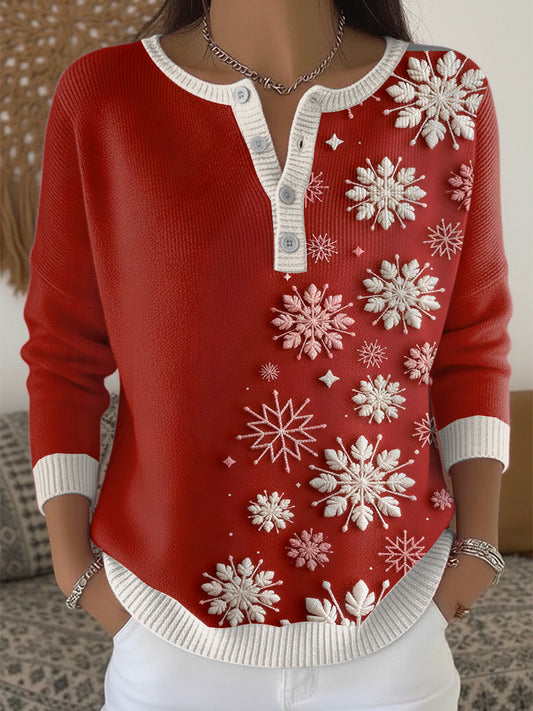 Women's Christmas Snowflake Henley neck sweater
