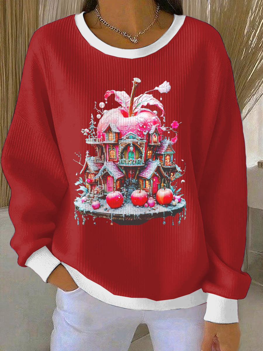Women's Red Christmas Apple Loose-Fit Crewneck Pullover