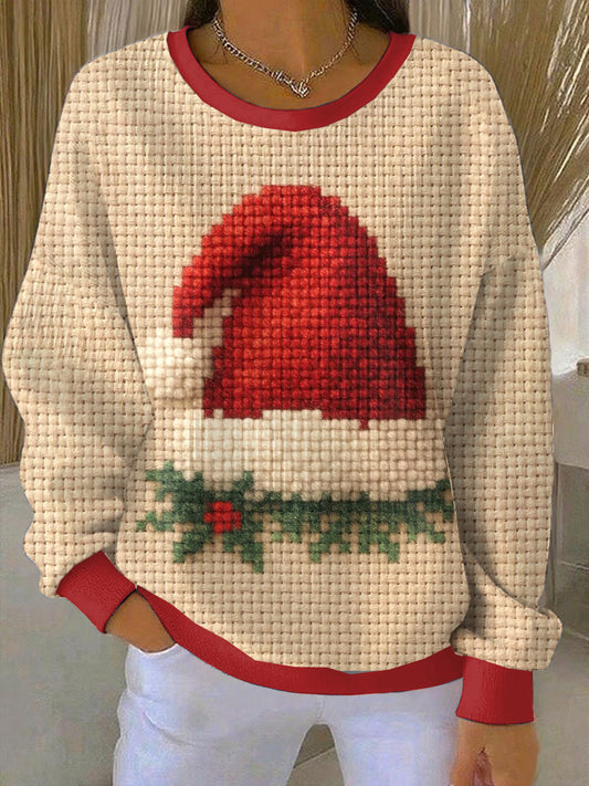 Women's Christmas Hat Texture Loose-Fit Crewneck Pullover