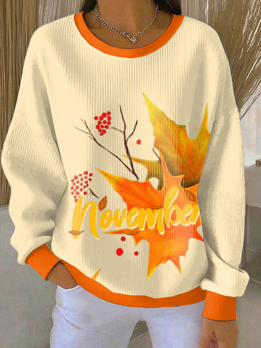 Women's Thanksgiving Maple Leaf Loose-Fit Crewneck Pullover