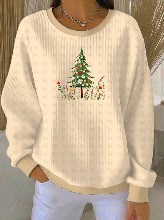Women's Christmas Tree Embroidery Loose-Fit Crewneck Pullover