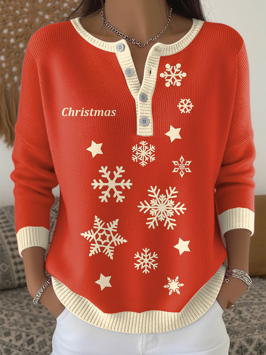 Women's Orange-Red Christmas Snowflake Henley neck sweater