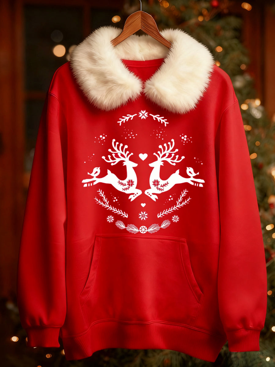 Kvinnor jul skandinaviska tryck långärmade päls krage tryck tröja