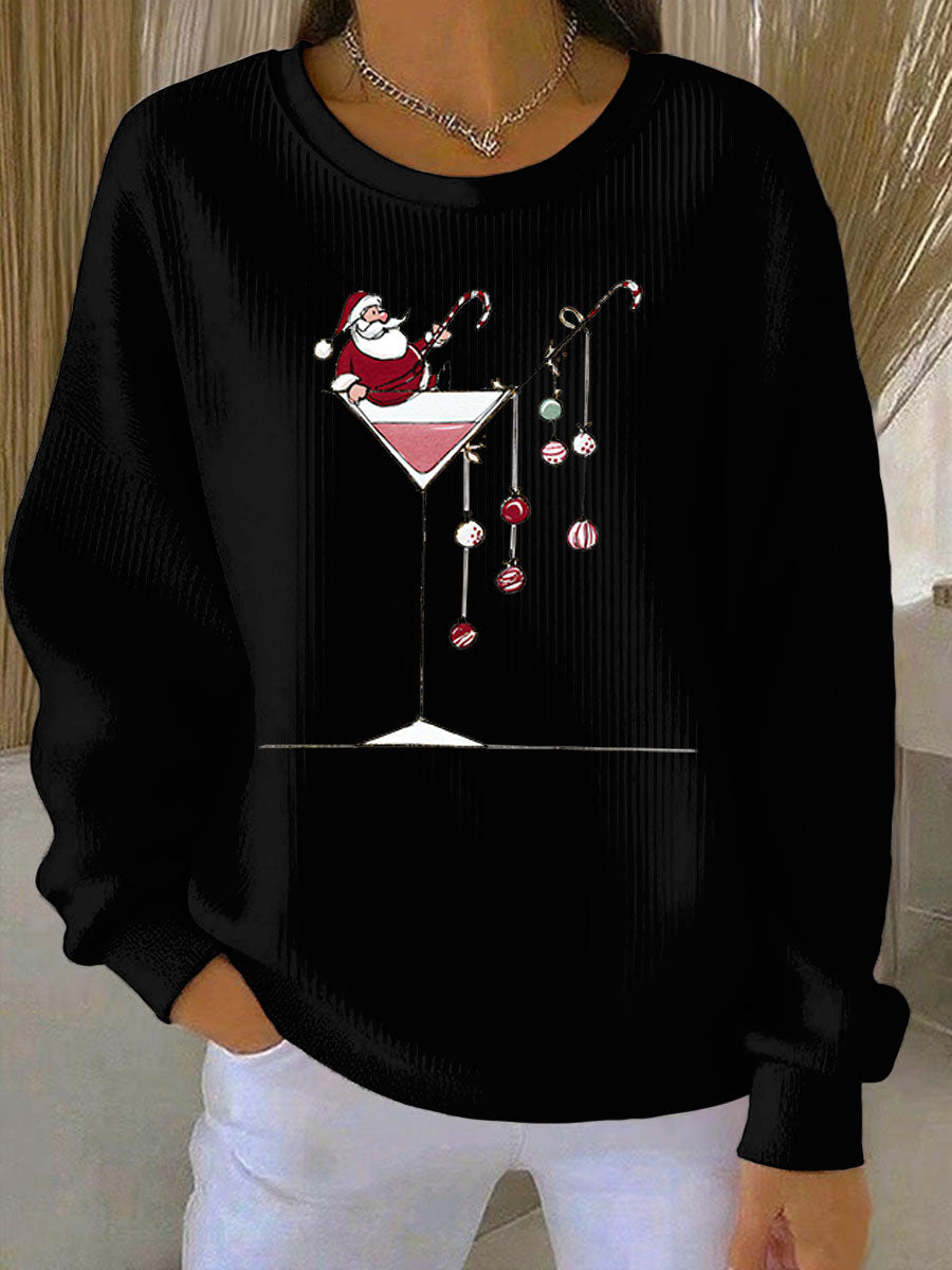 Women's Santa Claus Print Ribbed Round-Neck Sweatshirt