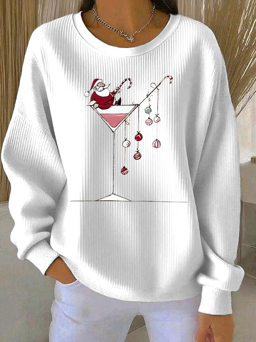 Women's Santa Claus Print Ribbed Round-Neck Sweatshirt