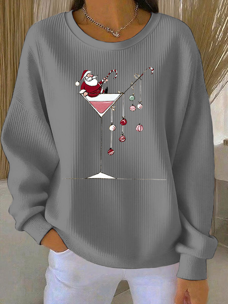 Women's Santa Claus Print Ribbed Round-Neck Sweatshirt