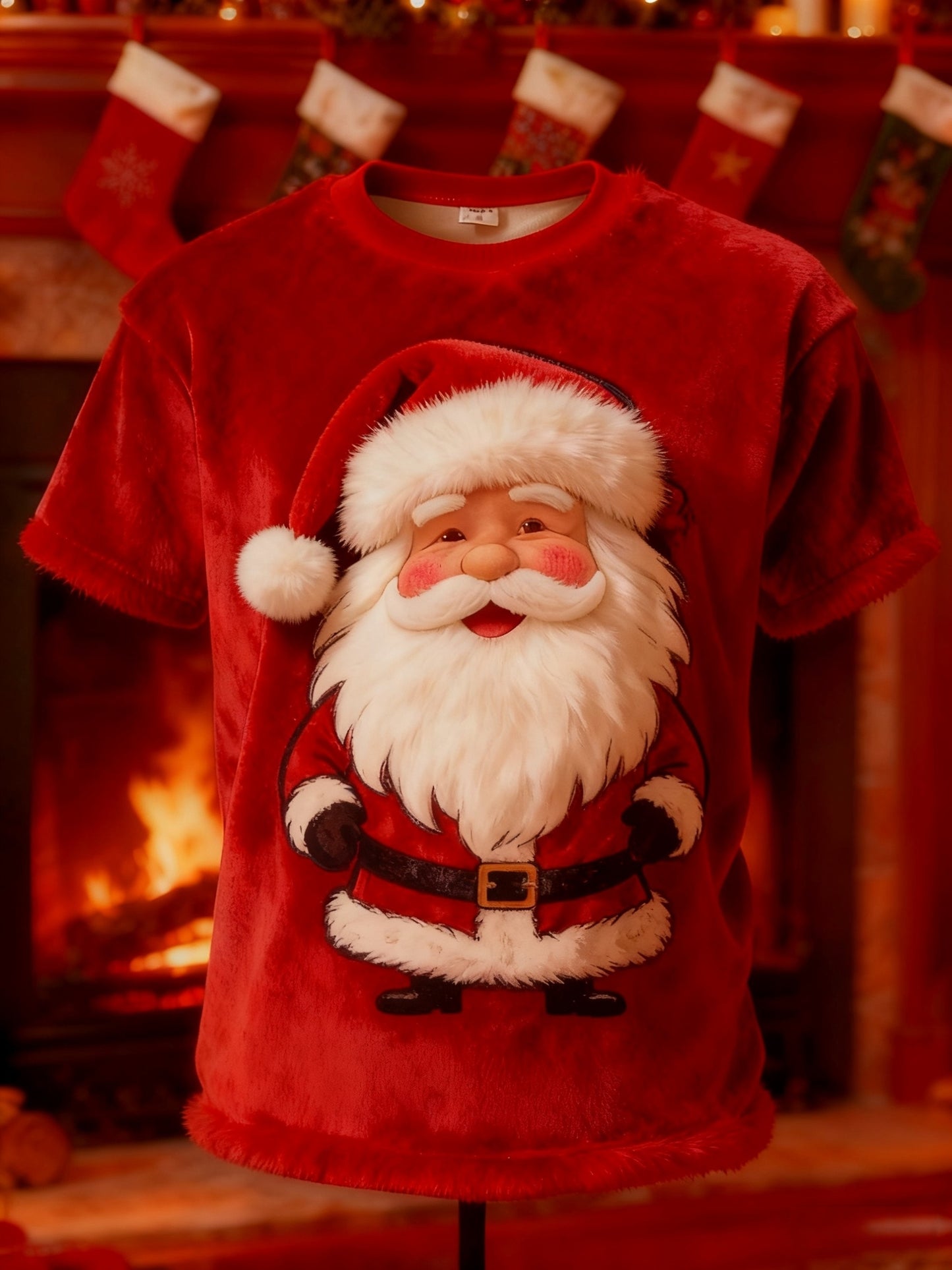 Vintage Christmas Santa Claus Print Plush Short-Sleeved T-Shirt