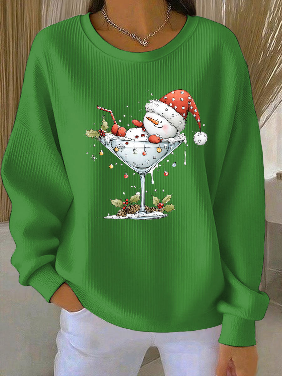 Women's Christmas snowman print Ribbed Round-Neck Sweatshirt