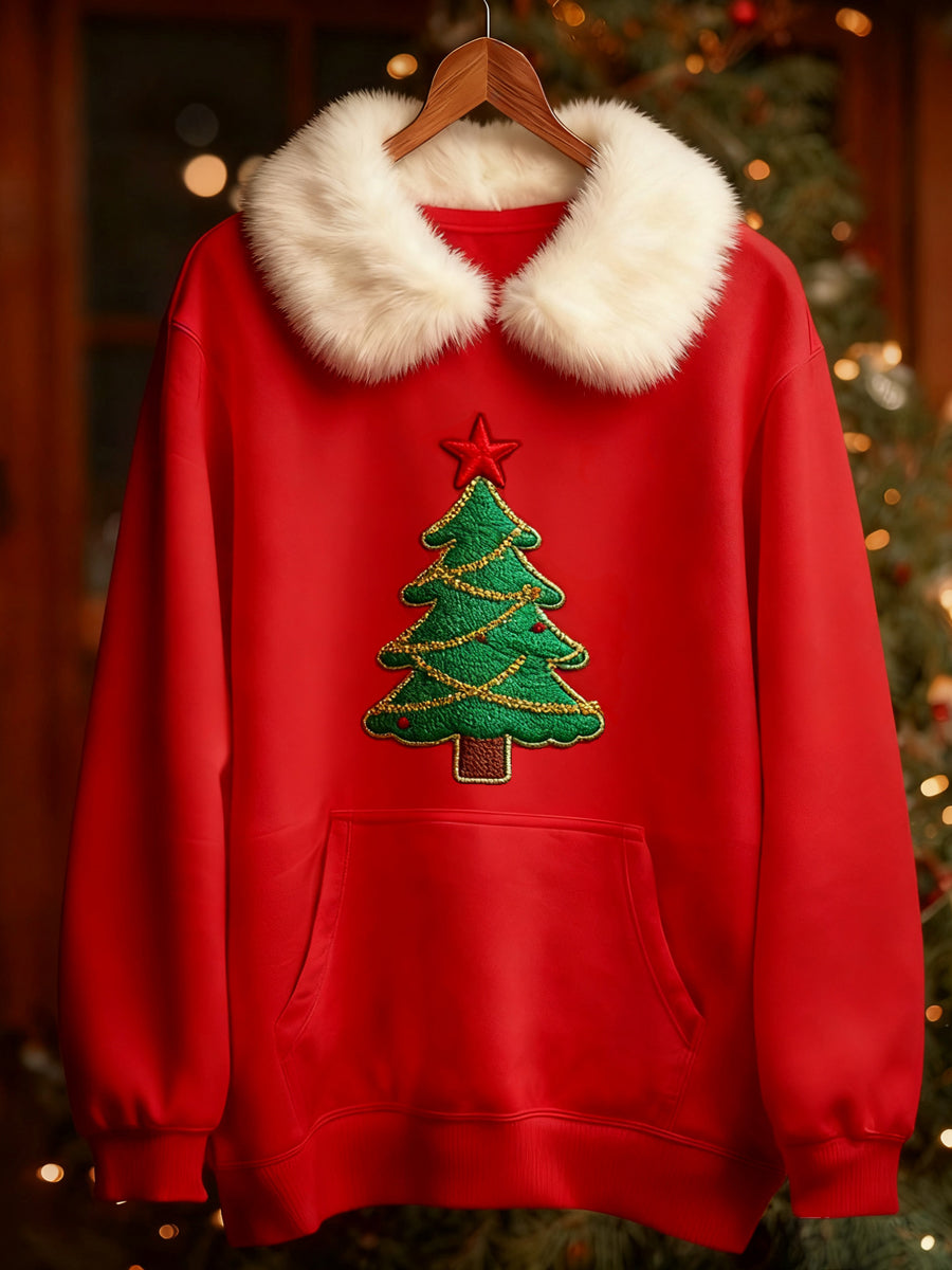 Women's Christmas Tree Printed Long Sleeved Sweatshirt With Fur Collar