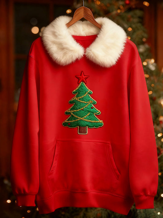 Women's Christmas Tree Printed Long Sleeved Sweatshirt With Fur Collar