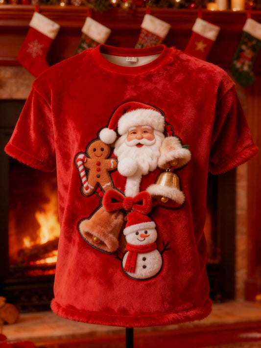 Vintage Christmas Santa Claus Print Plush Short-Sleeved T-Shirt