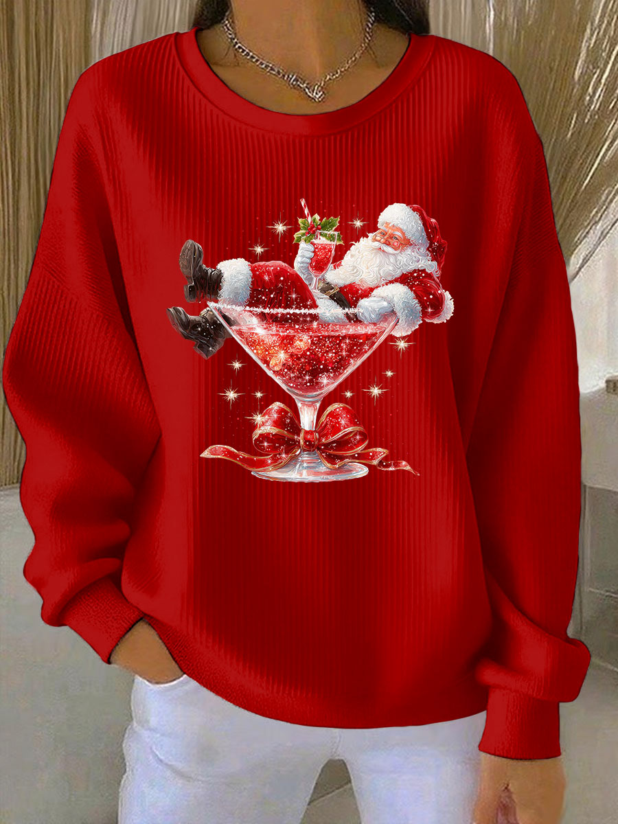Women's Santa Claus Print Ribbed Round-Neck Sweatshirt