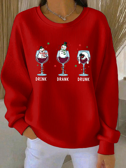 Women's Christmas snowman print Ribbed Round-Neck Sweatshirt