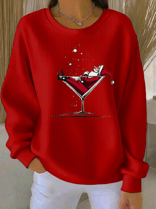 Women's Santa Claus Print Ribbed Round-Neck Sweatshirt