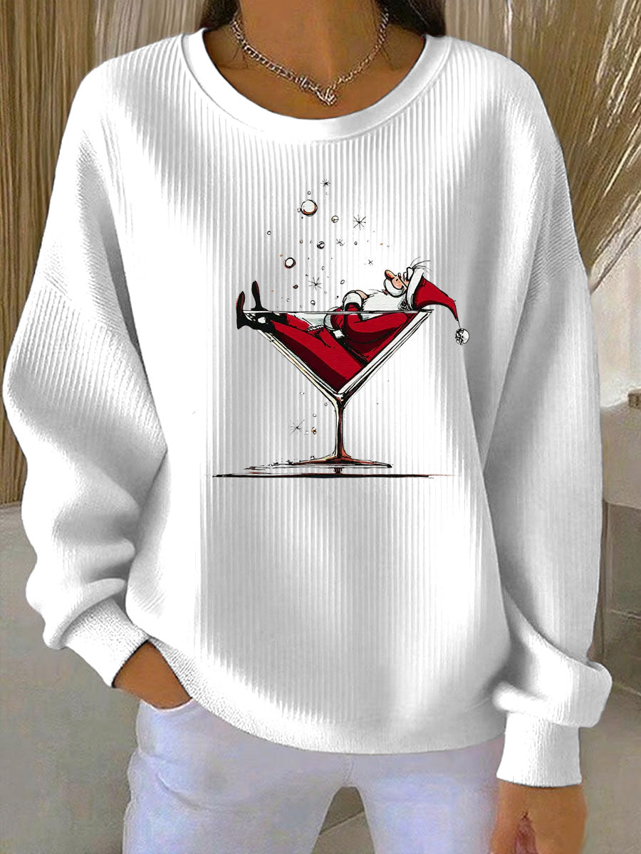 Women's Santa Claus Print Ribbed Round-Neck Sweatshirt
