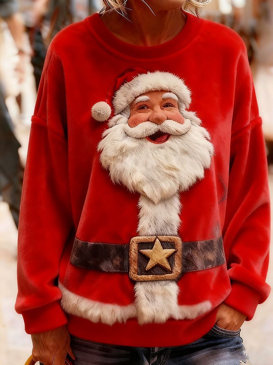 Women's Vintage Santa Claus Art Printed Flannel Hoodie