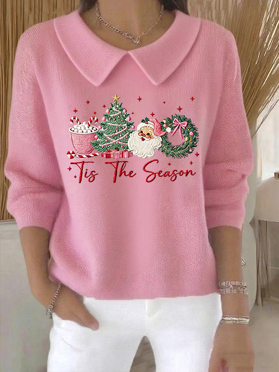 Women's Christmas Tree Santa Claus Art Printed Baby Doll Collar Top