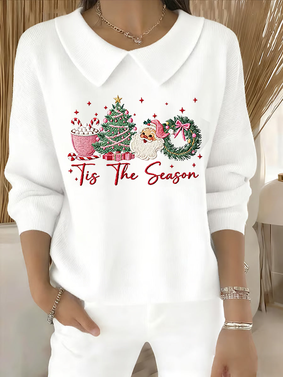 Women's Christmas Tree Santa Claus Art Printed Baby Doll Collar Top