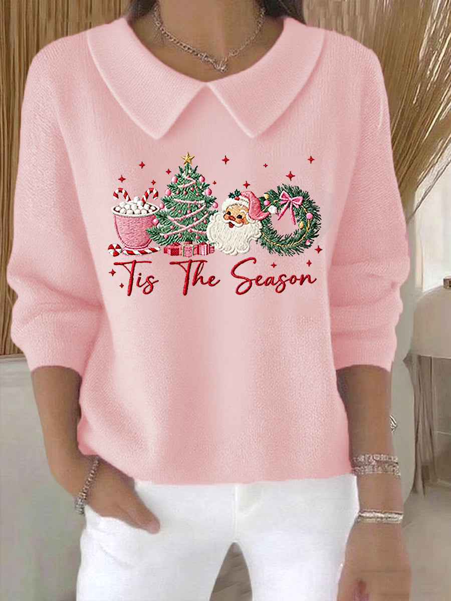 Women's Christmas Tree Santa Claus Art Printed Baby Doll Collar Top