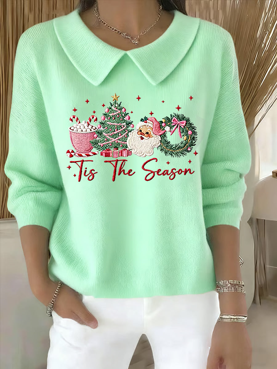 Women's Christmas Tree Santa Claus Art Printed Baby Doll Collar Top