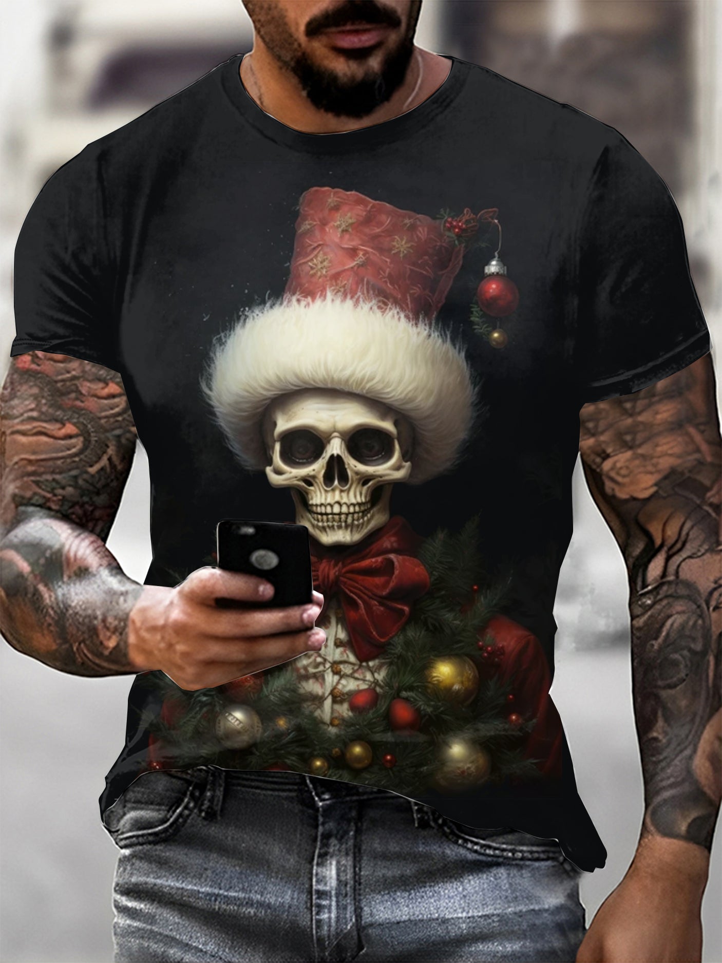 Men's Gothic Christmas Printed Vintage Fashion Loose Short Sleeve T-Shirt