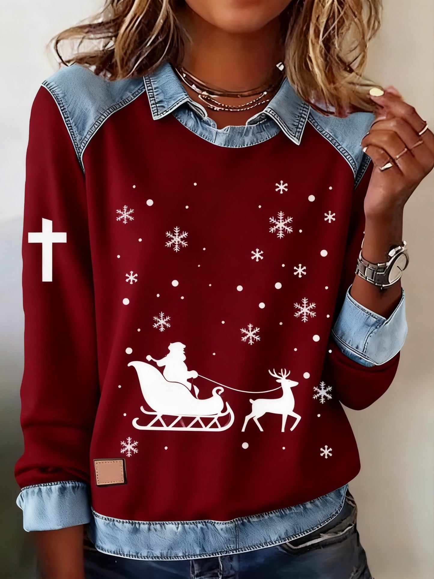 Retro Christmas Faith Abstract Print Casua Lapel  Top