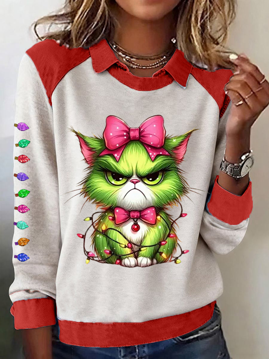Women‘s Funny Christmas Grinch Cat Print Sweatshirt