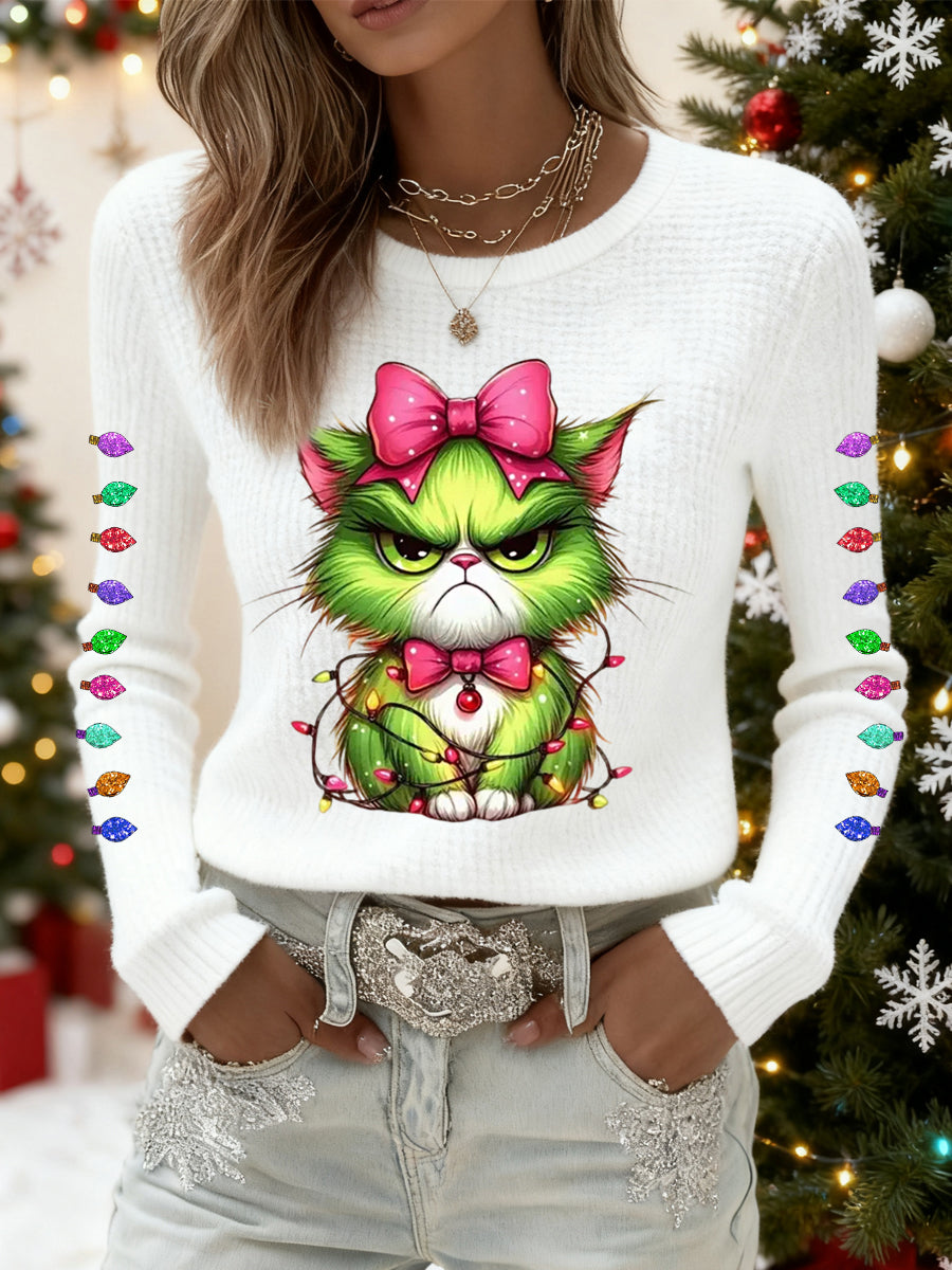 Women's Funny Christmas Grinch Cat Print Casual Waffle Top