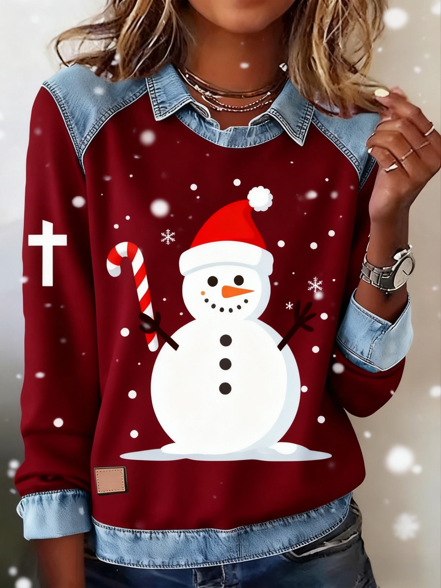 Retro Christmas Faith Snowman Abstract Print Casua Lapel  Top