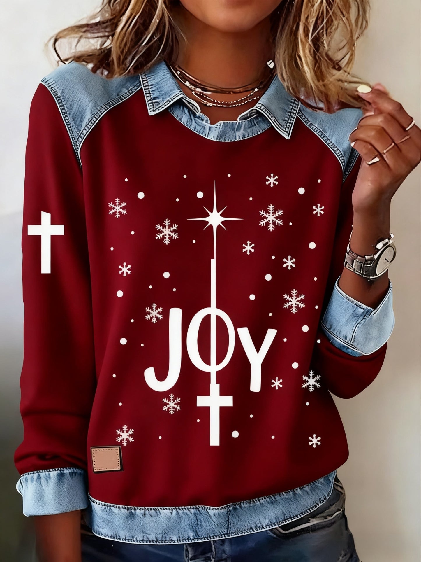 Retro Christmas Faith Abstract Print Casua Lapel  Top