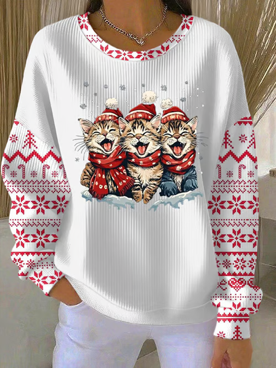 Women's Christmas cat print Ribbed Round-Neck Sweatshirt