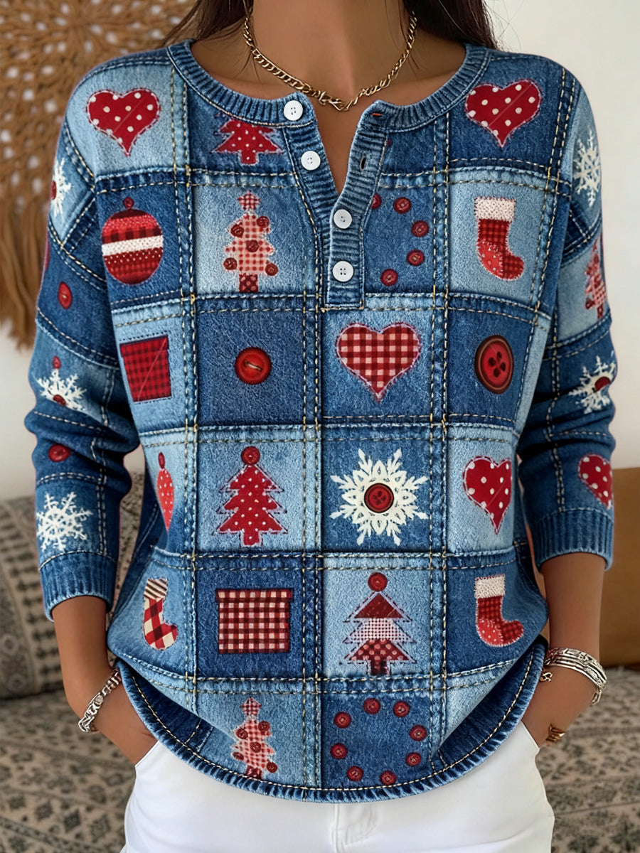 Women's Vintage Christmas Denim Patchwork Art V-Neck Top
