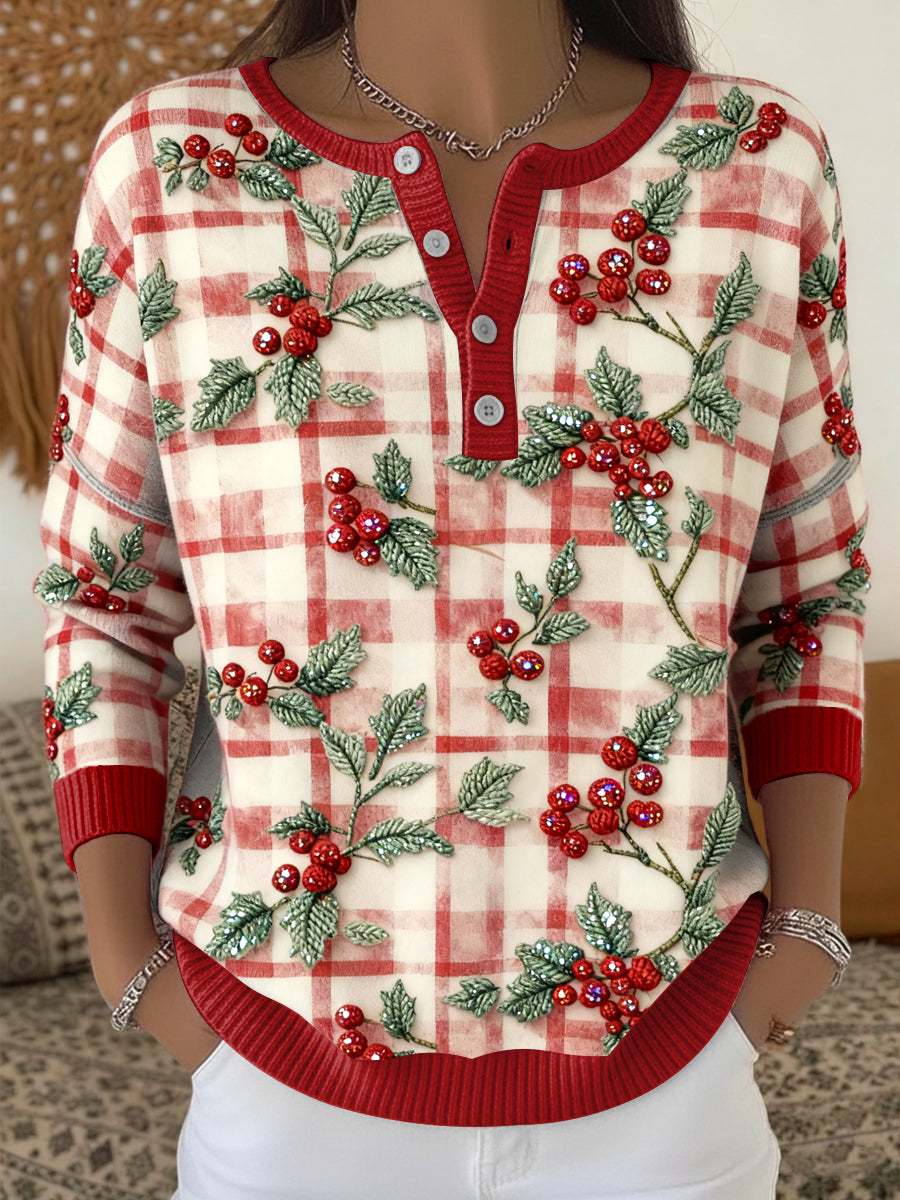 Women's Vintage Christmas Berry Art V-Neck Top