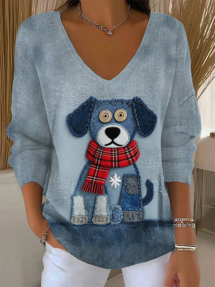 Women's Retro Animal Print Casual Long Sleeve Top  Women's Vintage Christmas