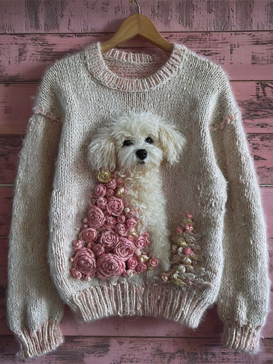 Women's Vintage Christmas Tree Dog Art Knitted Sweater