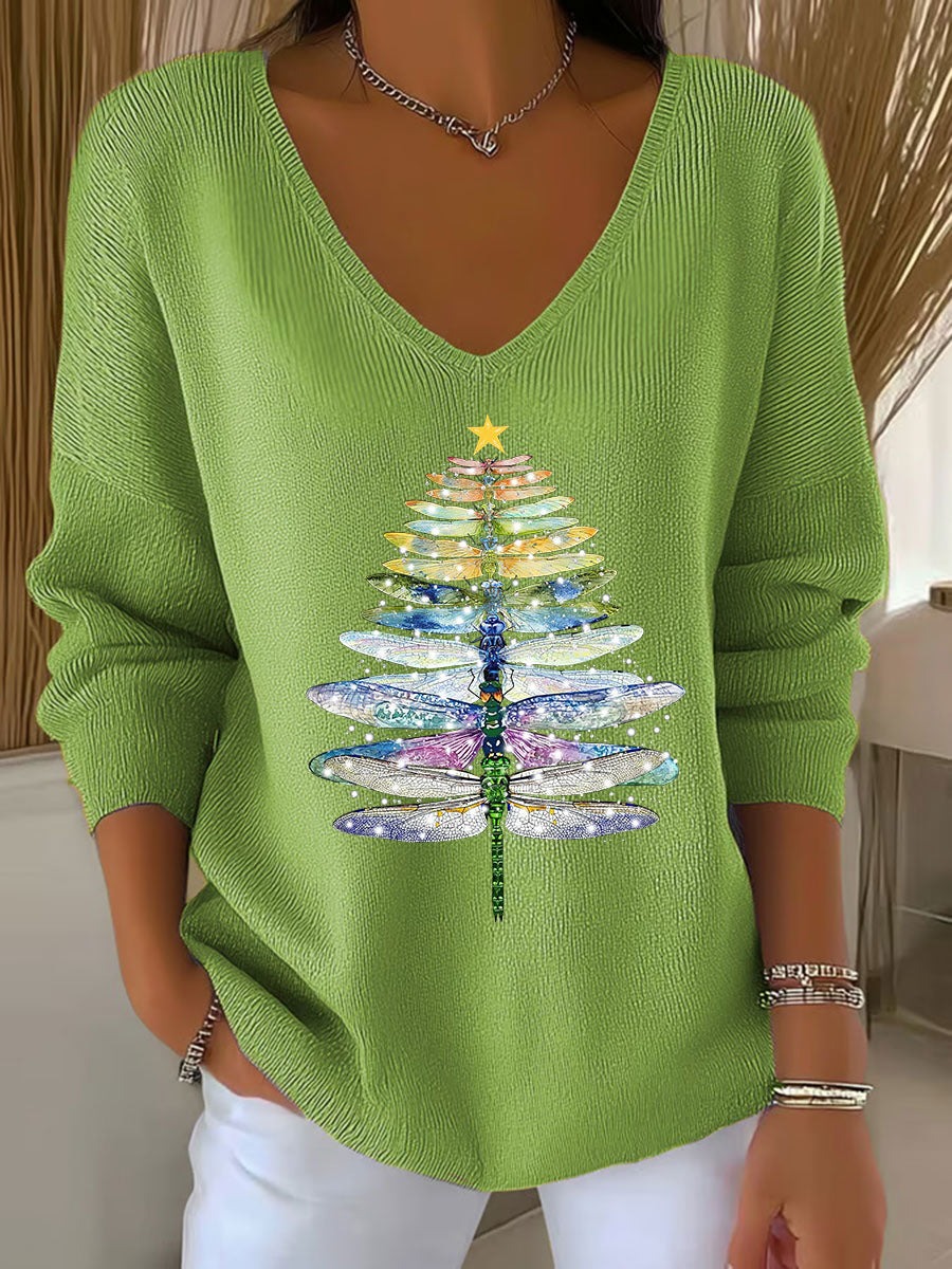 Women's Dragonfly Christmas Tree Print Casual Top