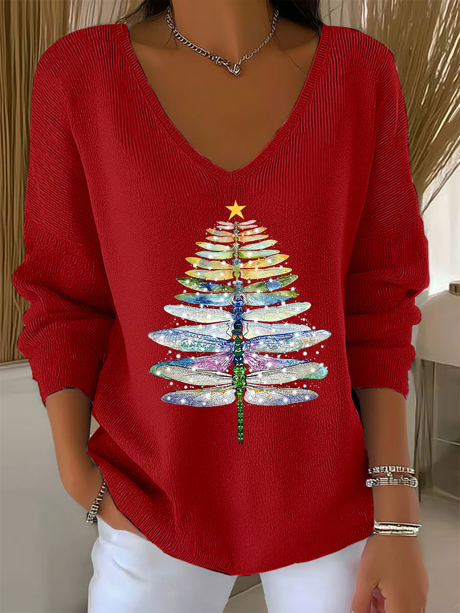 Women's Dragonfly Christmas Tree Print Casual Top