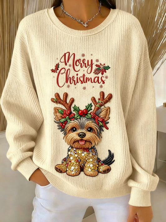 Women's Christmas Vintage Cute Puppy Crewneck Pullover