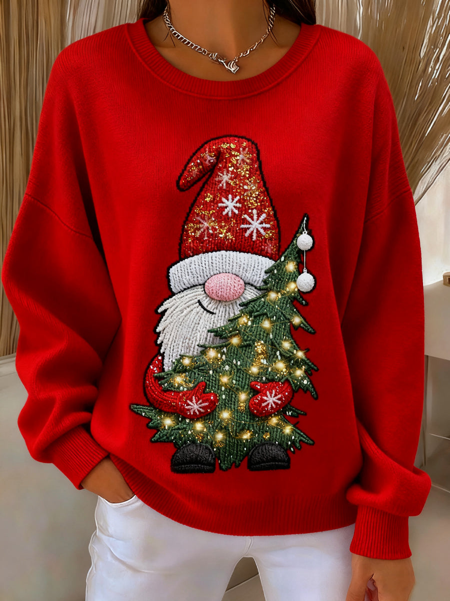Women's Vintage Christmas Gnome Christmas Tree Crew Neck Pullover