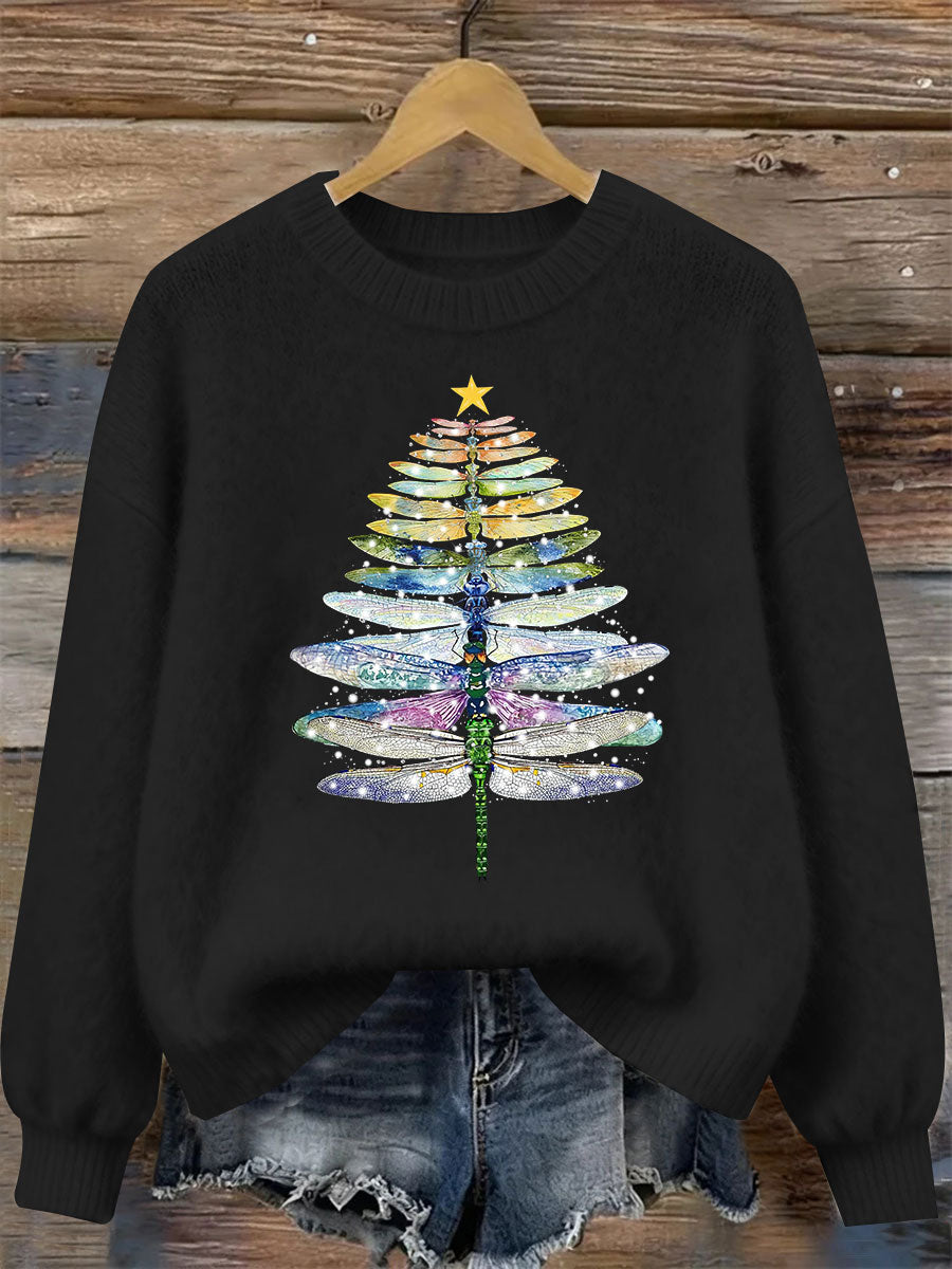 Women's Dragonfly Christmas Tree Print Casual Top