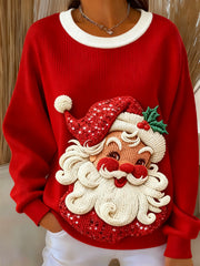 Women’s Christmas Santa Claus Art Ribbed Round-Neck Sweatshirt Red / S