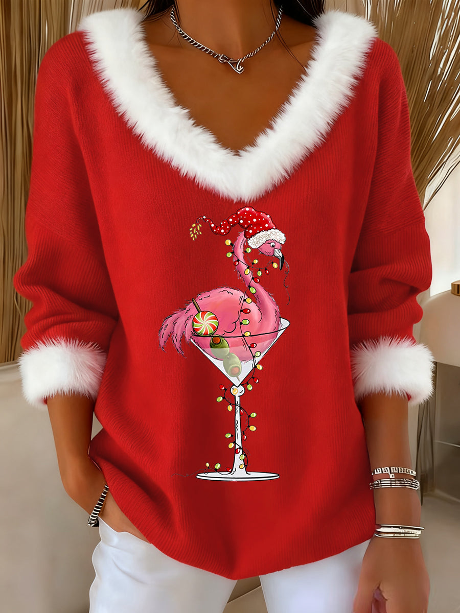 Women's Christmas Flamingo Cocktail Glass Print Casual Fur Collar V-Neck Top