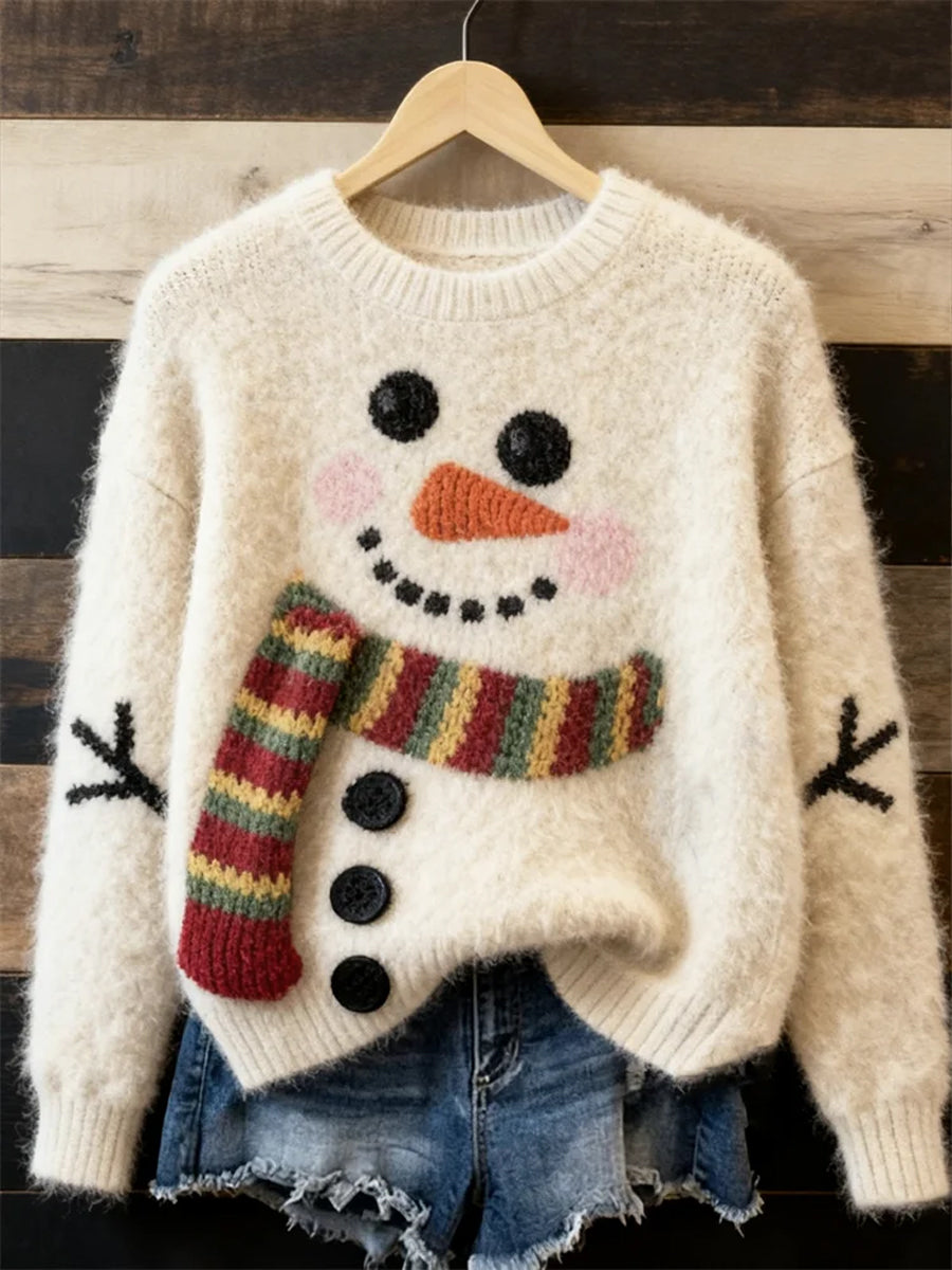 Women's Vintage Christmas Snowman Art Print Casua Hooded Top