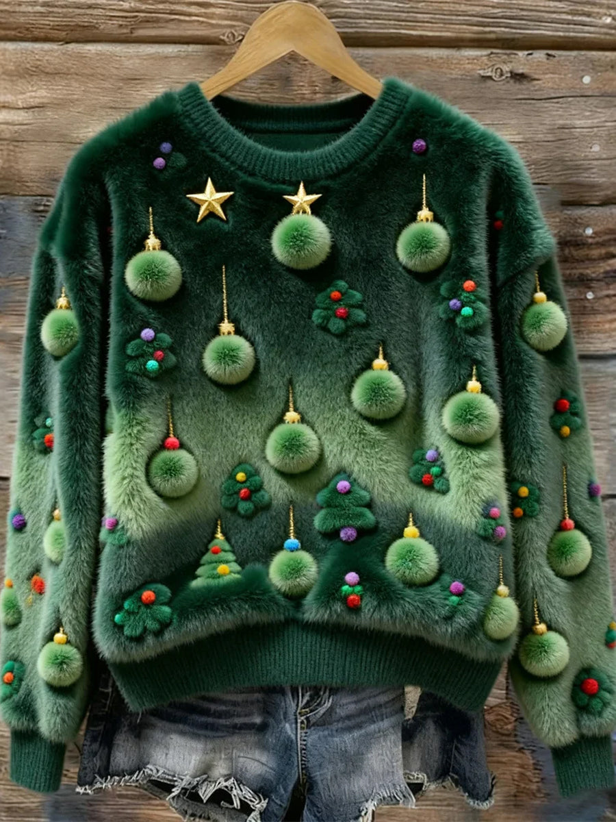 Women’s Christmas Tree Decorative Art Plush Sweater Dark Green / S