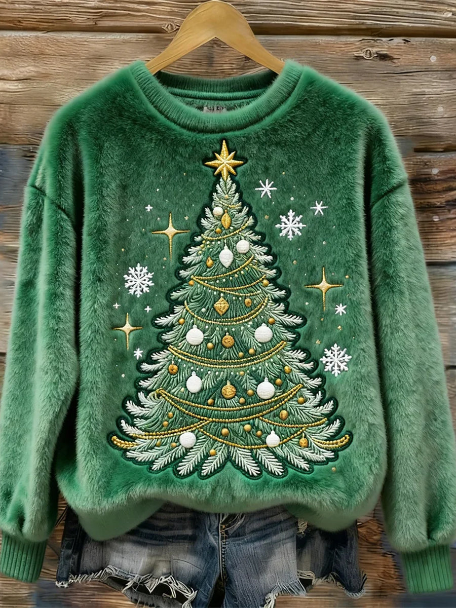 Women’s Christmas Tree Art Plush Sweater Green / S