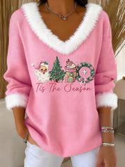 Women’s Pink Christmas Sants Claus Print Casual Fur Collar V-Neck Top Pink / S