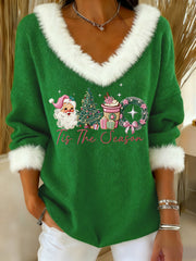 Women’s Pink Christmas Sants Claus Print Casual Fur Collar V-Neck Top Green / S